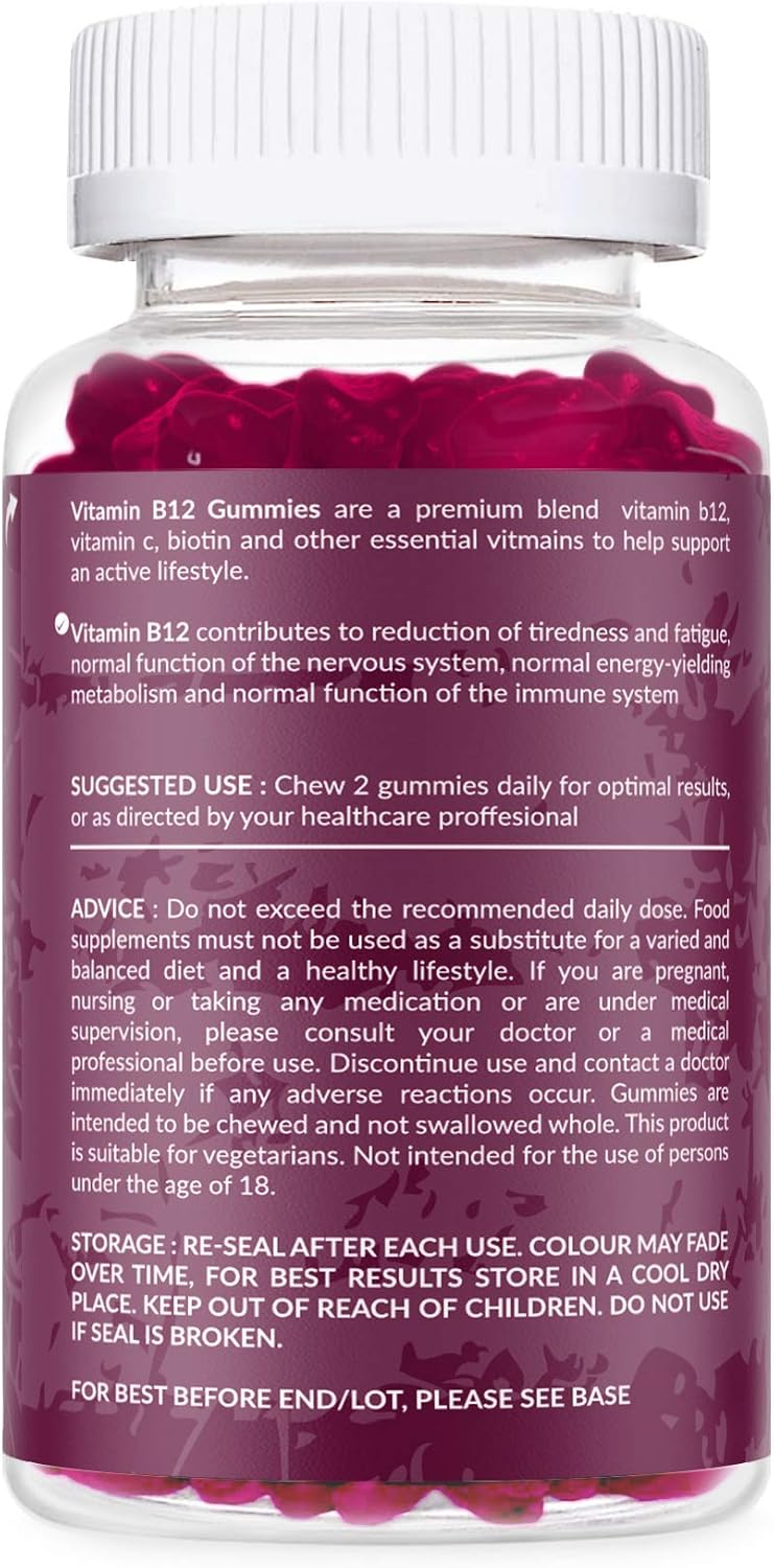 Vitamin B12 Gummies, 1000 mcg High Strength B12 Gummies, Enriched with Vitamin C, B1, B2, B6, & Biotin, 1 Month Supply - Image 4