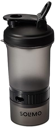 Solimo Shaker Bottle 400ml with Storage Compartment and Pill Tray (Flip Handle lid)