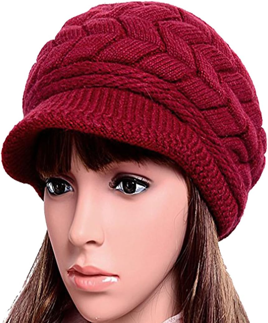 Women Lady Braided Warm Cabled Knit Winter Beanie Crochet Hats Newsboy Caps Claret