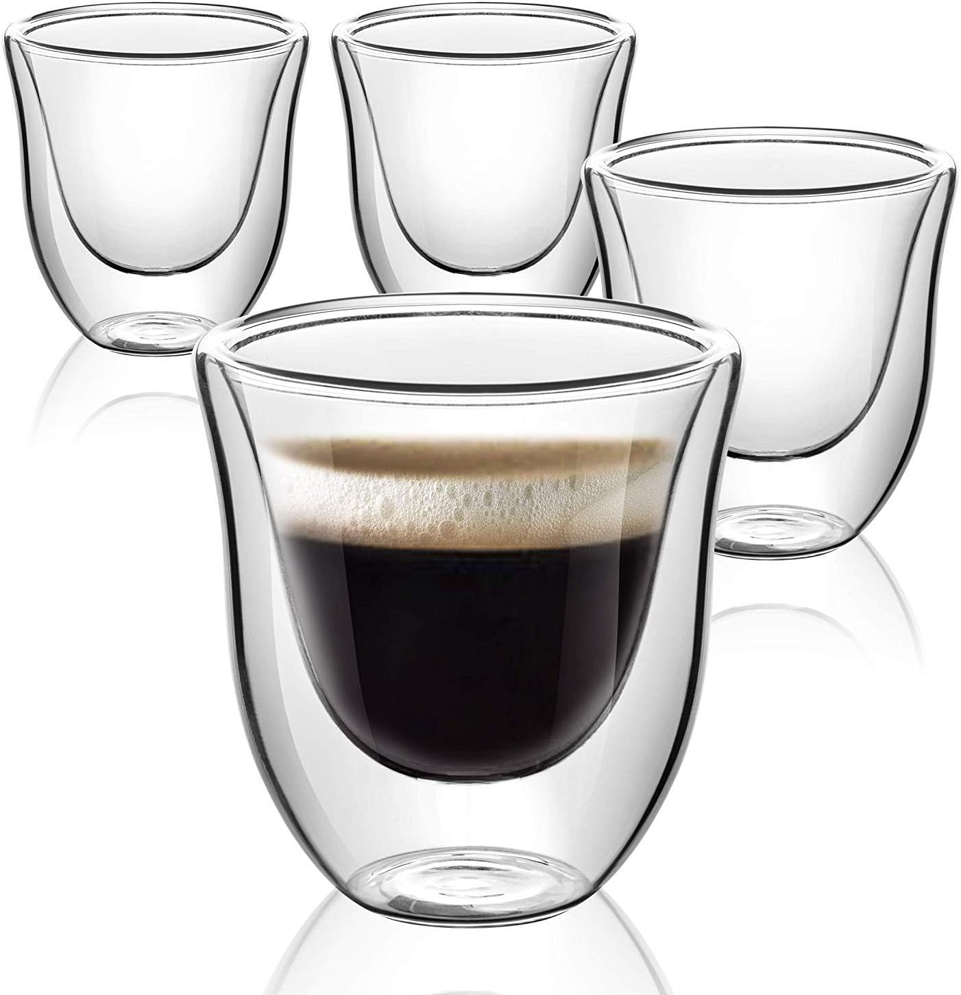 Bhaguji Espresso Glass Cups, Demitasse Cups Double Wall Clear Thermo Insulated Glass,Set of 4 Insulated Coffee Shot Glasses, 100% Lead Free,Resistance from -30~150 °C (70ML Fuzik Each)