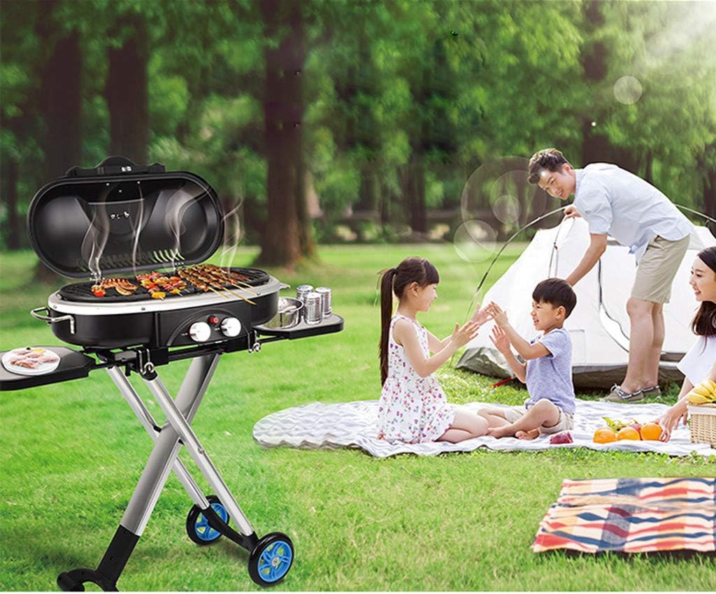 review Sunskyi Outdoor Portable Travel Sport Roadtrip Stand-Up Propane Grill, Foldable with Wheel