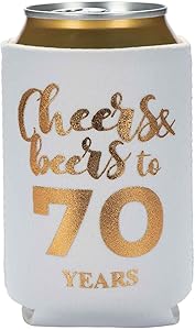 White 70th Birthday Beer Can Coolie, 6-Pack Gold Glitter Cheers And Beers To 70 Years Can Sleeve Covers Set, Drink Can Coolers, Party Gifts, Decorations