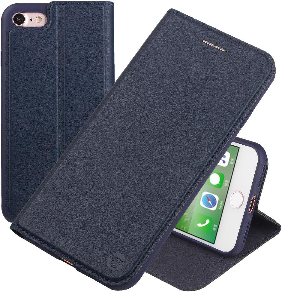 NOUSKE iPhone 7 Flip Case with Stand/Credit Card Holder/Magnetic Closure/TPU Bumper/360 Full Body Protection Navy Blue