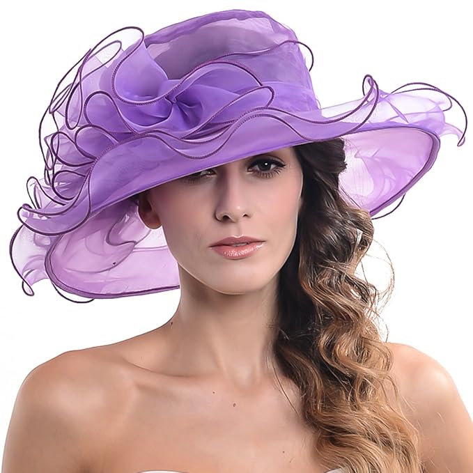 Women Kentucky Derby Church Dress Organza Hat Wide Brim Flat Hat (8
