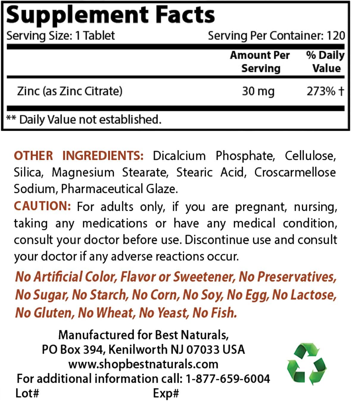 Best Naturals Elemental Zinc 30 mg (as Zinc Citrate) - Immune Support - 120 Tablets: Health & Personal Care