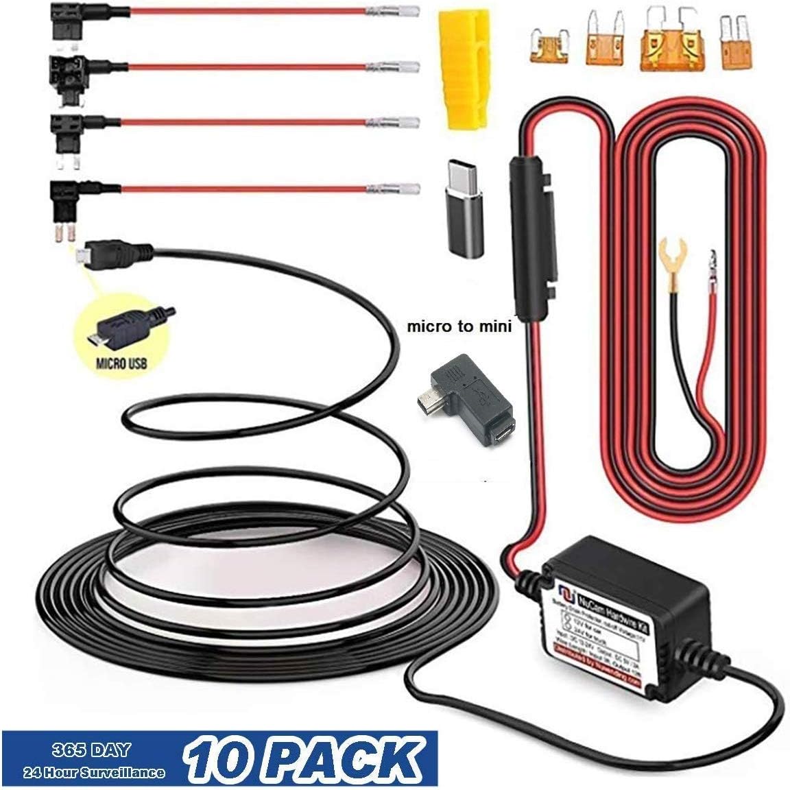 15ft MicroUSB & MiniUSB Dash Cam Hardwire Kit with Mini/LP Mini/ATO/Micro2 Fuse, Micro to Mini (Left Angled) and Type-C Port Adapters and Battery Drain Protection System (Pack 10)