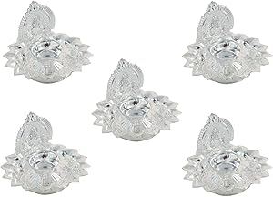 GoldGiftIdeas Silver Plated Lakshmi Diya Set, Pooja Items for Home, Return Gift for Wedding and Housewarming with Designer Potli Bags (Pack of 5)
