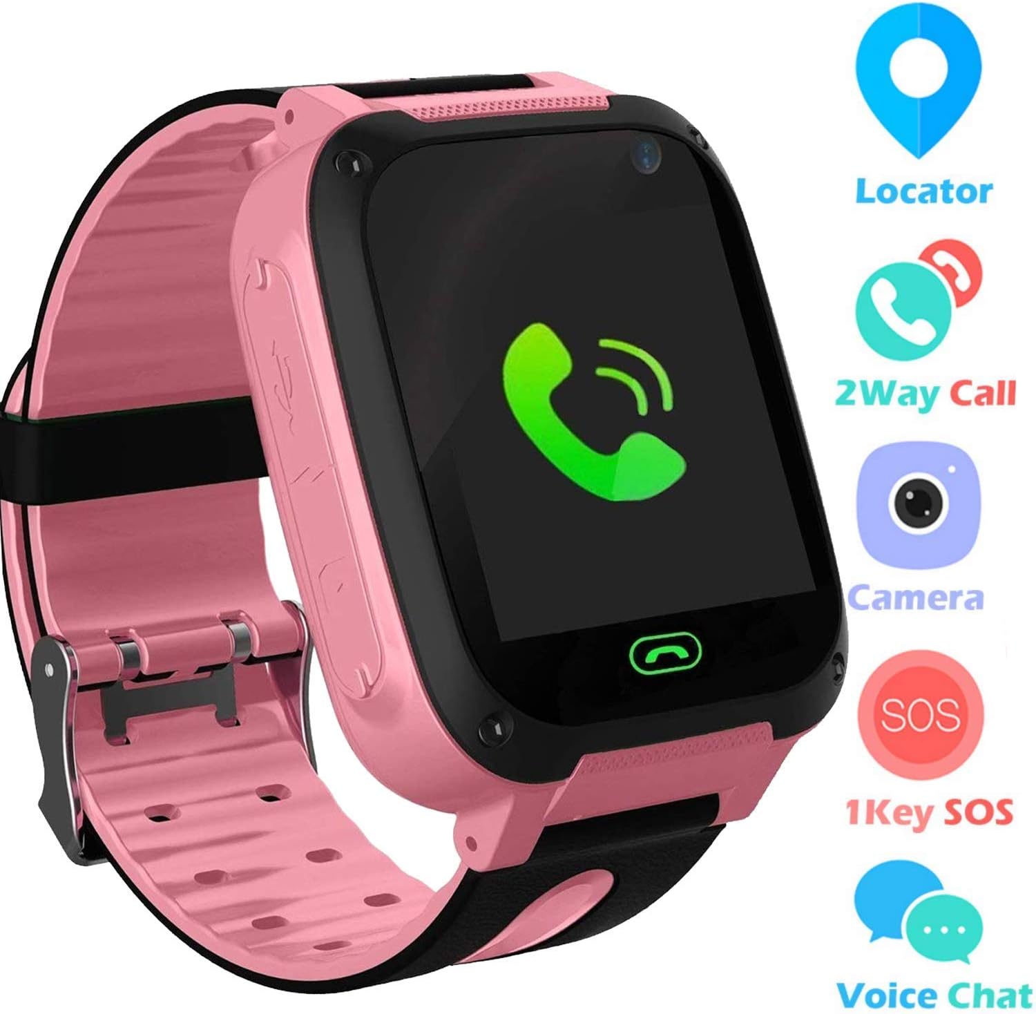 Jslai Kids Smart Watch Phone,LBS Tracker for 3-12 Year Old Boys Girls with Flashlight Camera Sim Card Slot Touch Screen Game for Childrens Gift Compatible for iOS and Android(Pink)