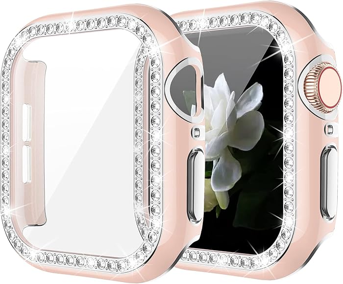 Goton Bling Case with Tempered Glass Screen Protector Compatible with Apple Watch 40mm Series 6 5 4 SE, Diamond Rhinestone Full Protective Cover for iWatch Series 6/5/4/SE 40mm Girl Women - Pink/S