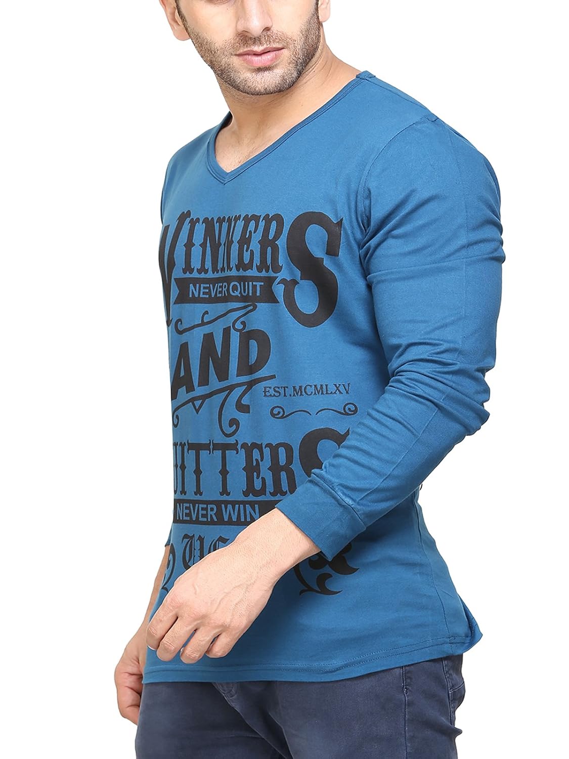 unisopent mens vneck full sleeves printed t-shirt(peacockblue)