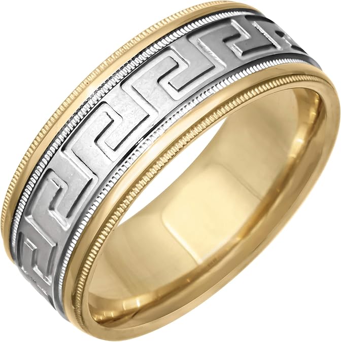 14K Two Tone Gold Designer Greek Key Men's Comfort Fit Wedding Band