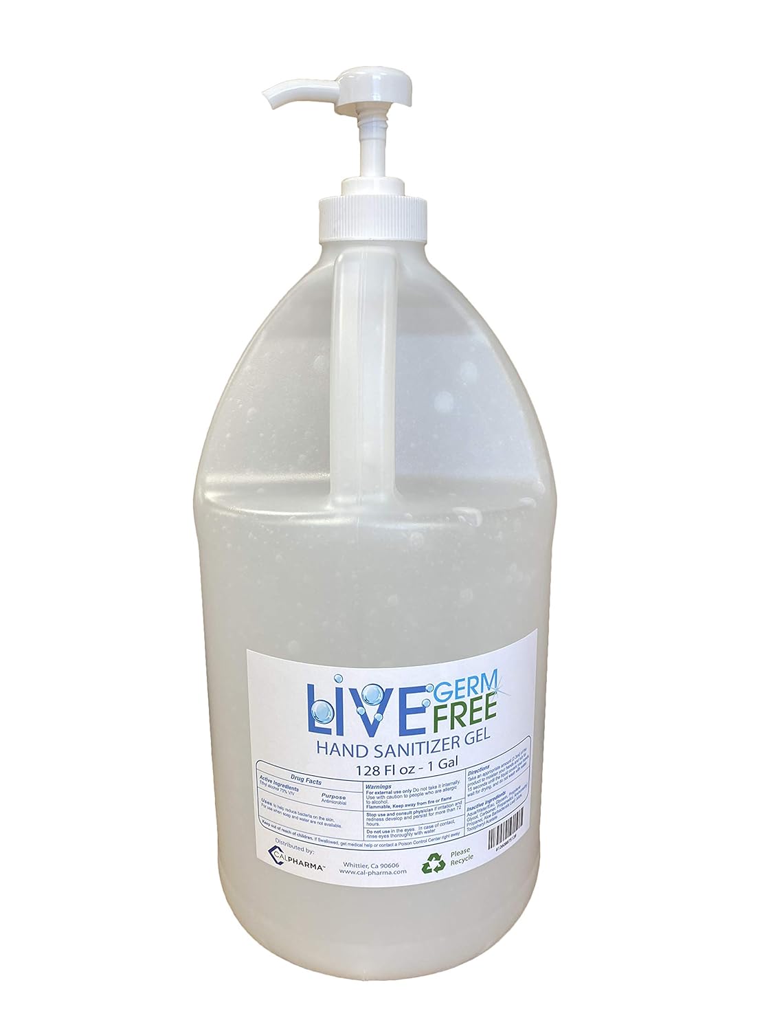 Live Germ Free Unfragrance Hand Sanitizer Gel: One Gallon Alcohol Based bulk (128 oz) 70% V/V Ethyl Alcohol - Made in USA - Pump included