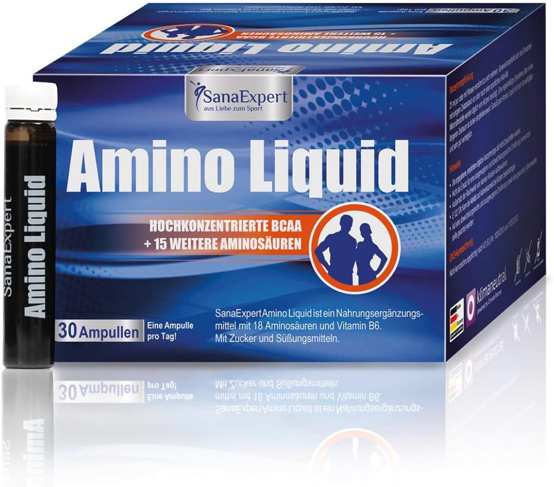 SanaExpertAmino Liquid 5,600 mg amino acid concentrate supplement for athletes, with BCAAs, vitamin B6, 30 Ampoules à 25 ml (1)