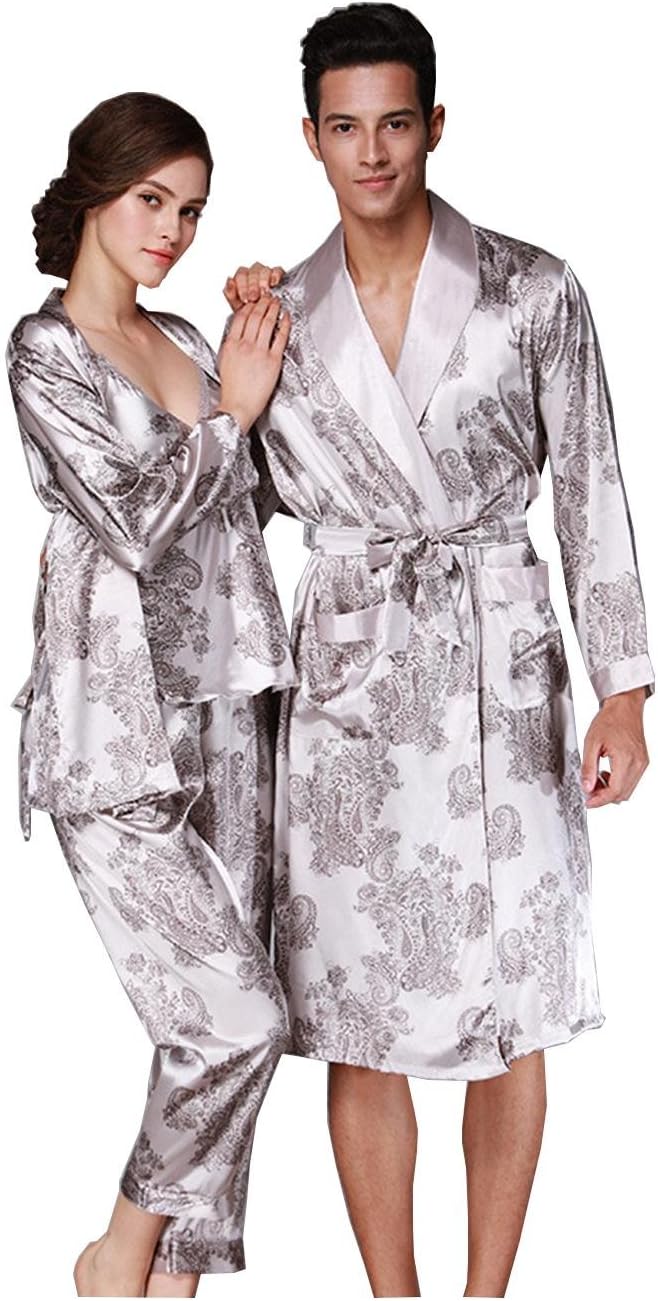 Pakamo Men's Sleepwear Robes Silk luxury Nightgown Bathing Sauna clothing bathrobe Women's Pajamas sets Long sleeve collar suit + trousers Nightwear, Women