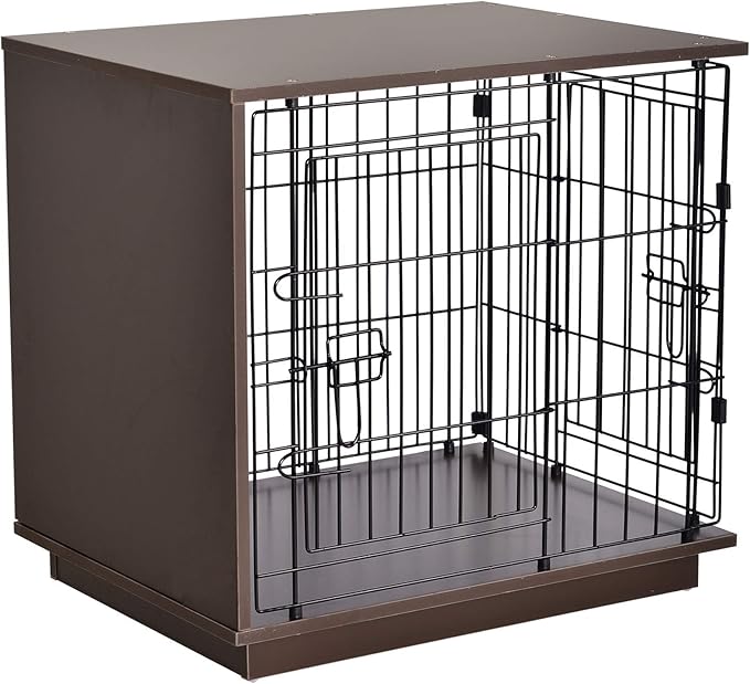 Pawhut 25inch Duo Metal Dog Cage Wooden Crate with Top Table 2 Secure