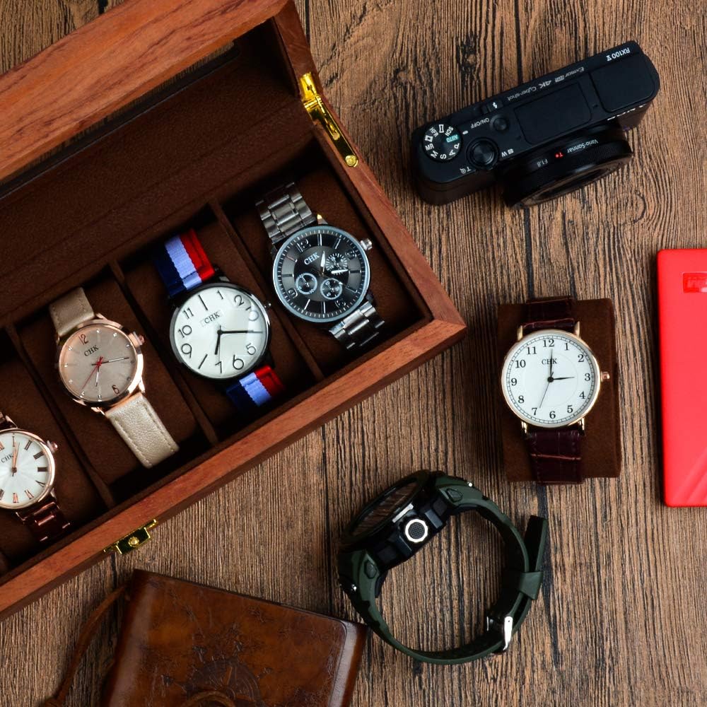 Wooden Paint Watch Box-6 Wide Watch Slots Vintage Watch Box Wooden Watch Box, Metal Buckle Watch Case for Men's Jewelry Flower Pear: Home Improvement