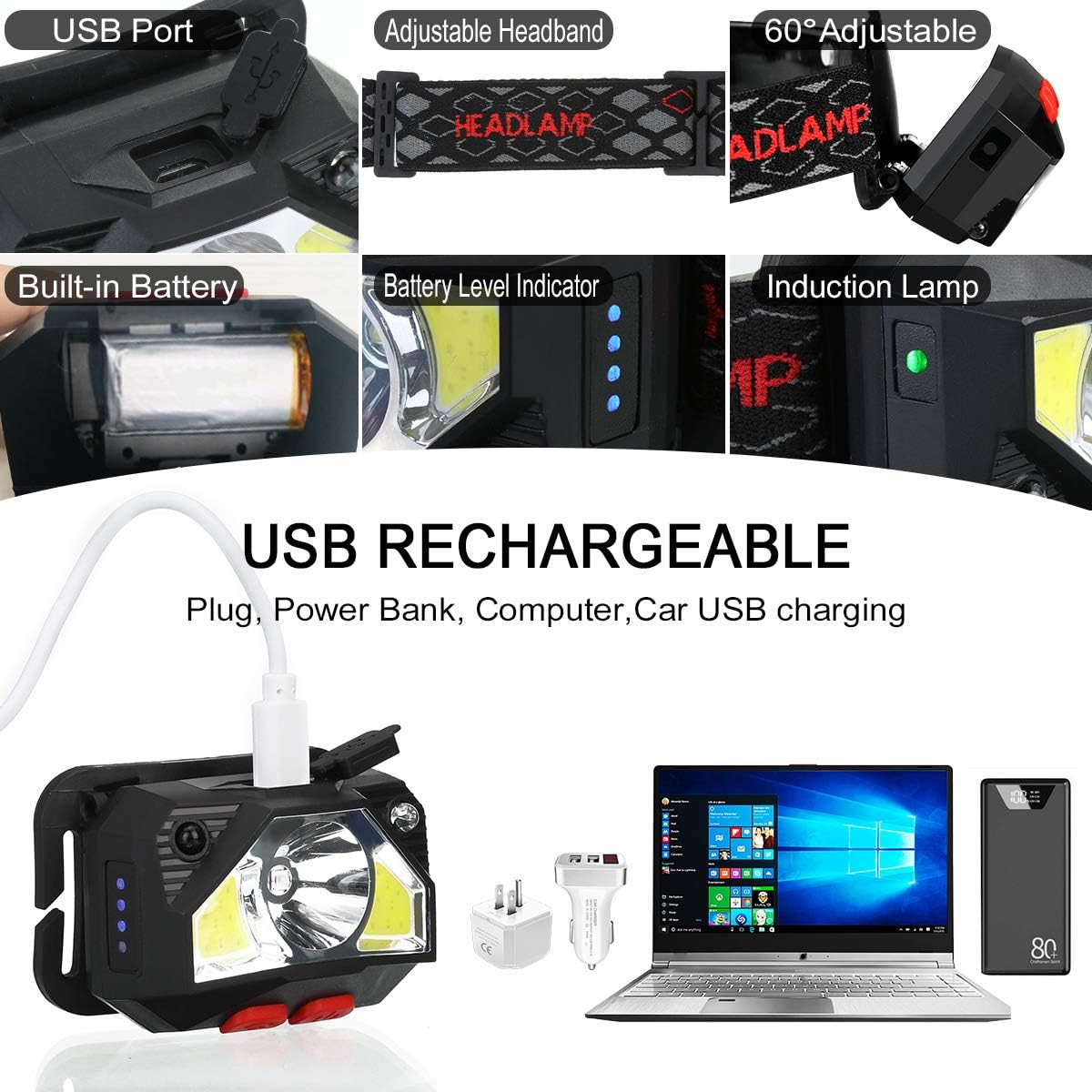 SGODDE 2 Pack Headlamp Flashlight, 800 Lumens USB Rechargeable Headlamp Ultra Bright LED Headlight Motion Sensor Head Lamp/8 Modes/Waterproof/Built in Batteries for Outdoors, Running, Camping, Hiking - - 