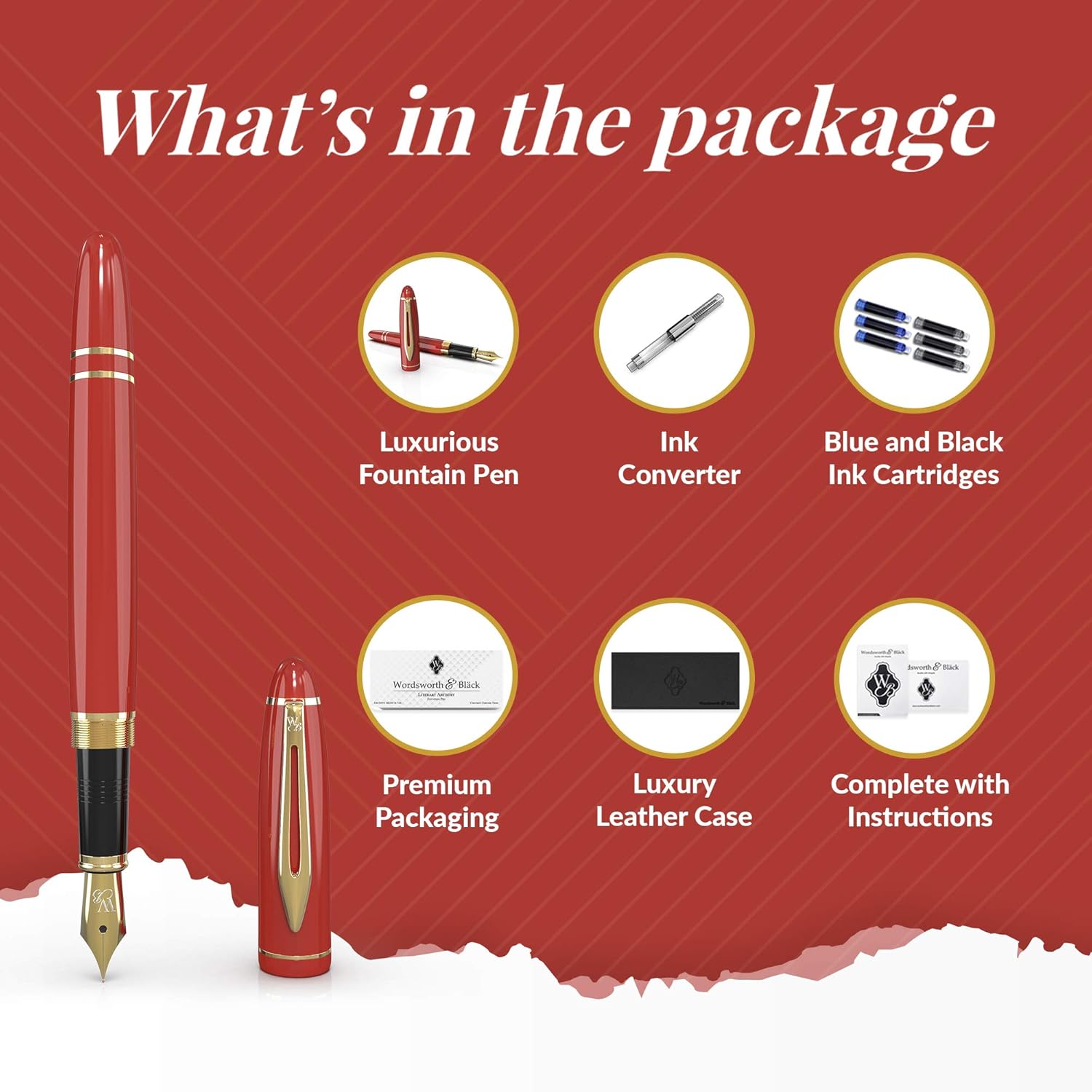 Wordsworth & Black Majesti Fountain Pen-(Red), Luxury Case, 24K Gold Finish; 18K Gilded Medium Nib- Ink Cartridges - Image 5