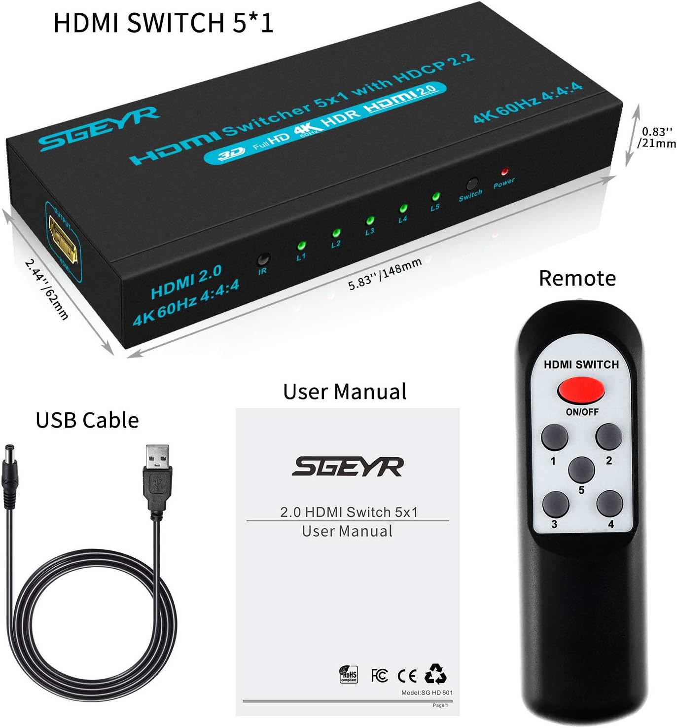 SGEYR 4K@60Hz 5x1 HDMI Switch HDMI Selector Switch 5 Port HDR IR Remote 4K HDMI Selector Box 5 in 1 Out Auto Switch HDMI Switcher 2.0 HDCP 2.2,Full HD/3D Compatible with //DVD///Projector: Home Audio & Theater