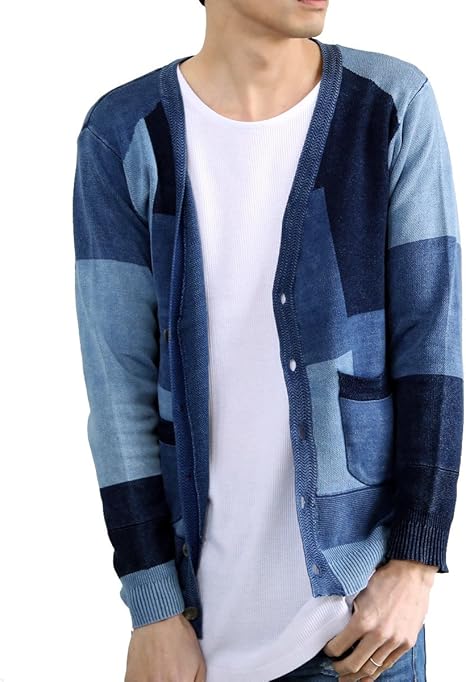 Amazon サインステイト Sign State メンズ インディゴ ニット パッチワーク Vネック 長袖 カーディガン 98 パッチワーク L カーディガン 通販