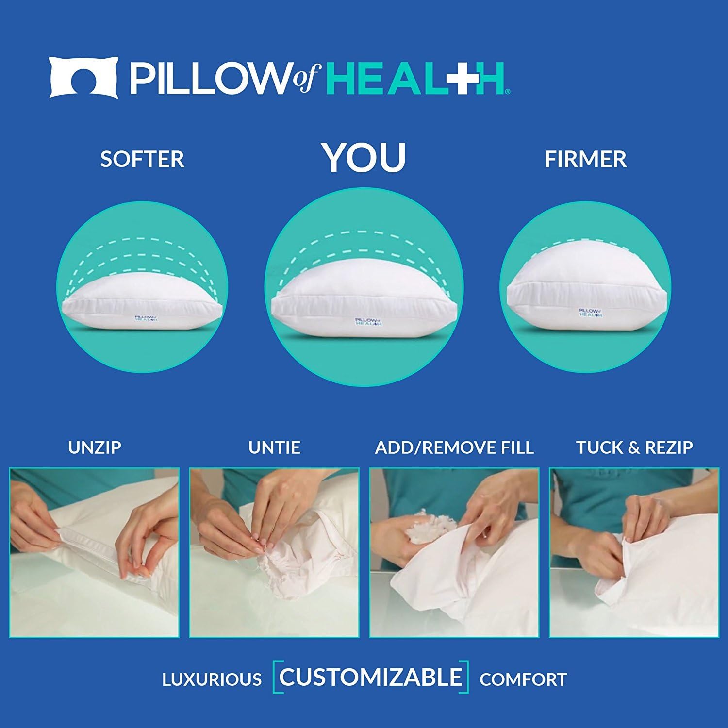 Pillow of Health Chiro Elite Adjustable Pillow, King Size 20" x 34", Customizable Firmness, Hypoallergenic, Antimicrobial, Cooling Wickable Cover, Medical Grade Pressure Relief: Home & Kitchen