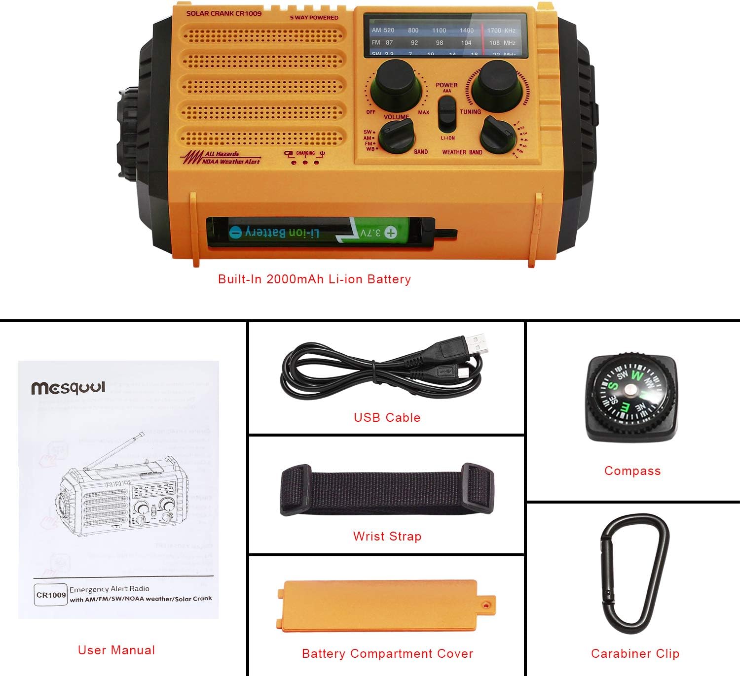5-Way Powered Solar Hand Crank NOAA Weather Alert Radio,AM/FM Shortwave Survival Portable Outdoor Emergency Radio,2000mAh Rechargeable Battery Cellphone USB Charger,LED Camping Flashlight,SOS&Compass: Home Audio & Theater