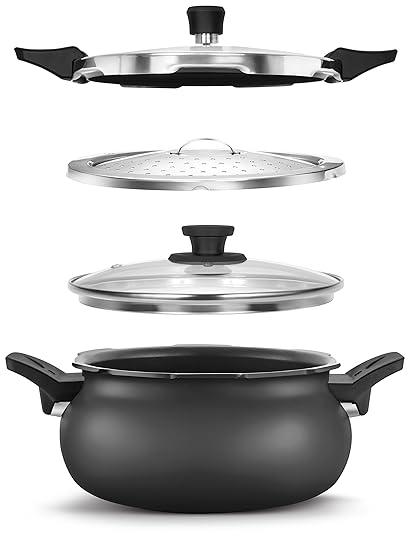 Pigeon by Stovekraft All in One Ceramic Super Cooker, 5 Liters, Black/Transparent