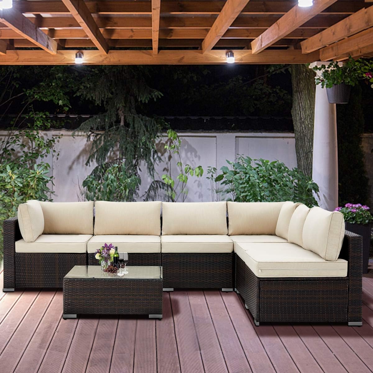 Amazon Com U Max 7 Pieces Patio Pe Rattan Wicker Sofa Set Outdoor Sectional Furniture Conversation Chair Set With Cushions And Tea Table Brown Garden Outdoor