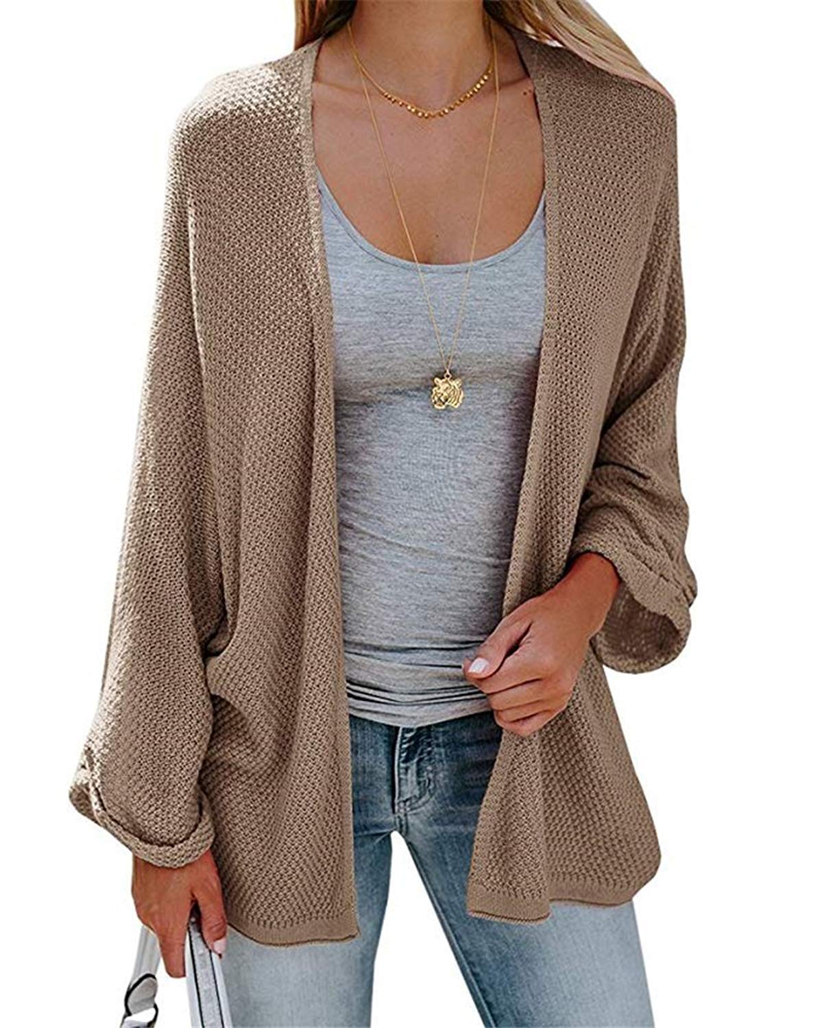 FIRENGOLI Womens Cardigan Sweaters Open Front Knit Drape Coats with Loose Pleated Cuffs