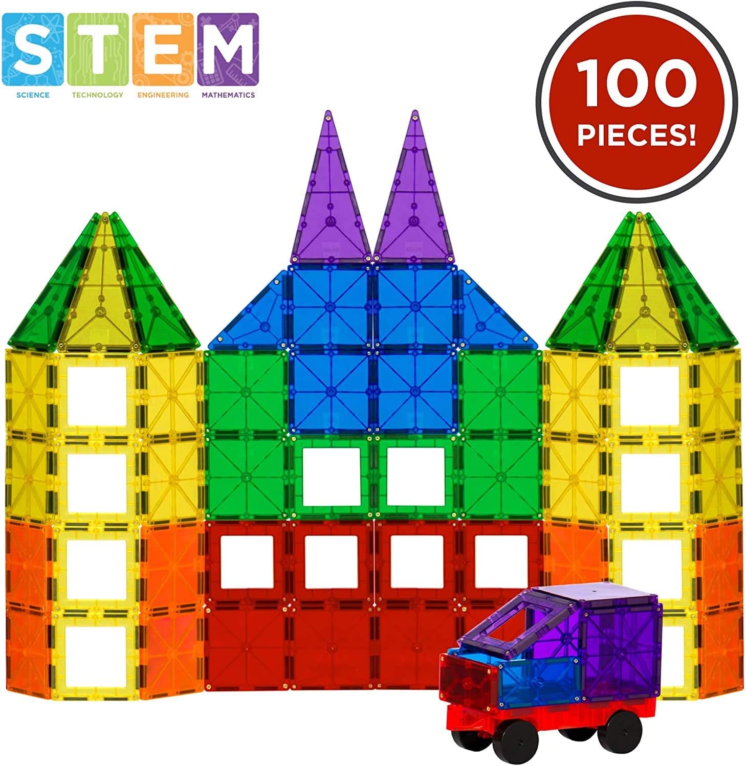 FYLD 100-Piece Transparent Rainbow Magnetic Building Geometric Tiles - Magnet Toys Building Strongest Magnets - - STEM 3D Magnet Tiles