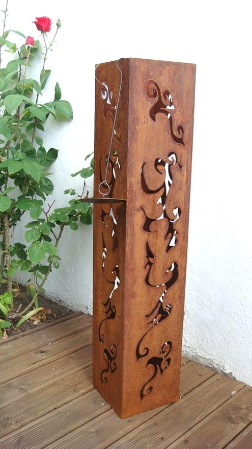 Hkt Home Deco Saule Rost Feuersaule Metall Skulptur Edelrost Bioethanol Eckig Mit Feuereinsatz Deko Eckig H 80cm Amazon De Garten