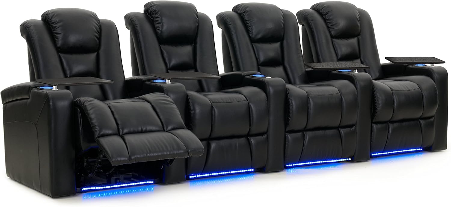 Octane Seating Mega XL950 Home Theater Seats - Black Bonded Leather - Power Recline - Row of 4: Furniture & Decor