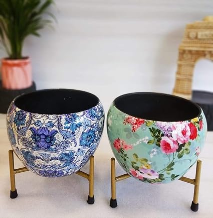 Exotic Green Floral Blue & Cyan Combo Designer Pot with Stand for Indoor Plants | Beautiful Metal Planters for Living Room and Balcony | Modern Design Table Top Flower Plant Pots I (2 Pcs Combo)