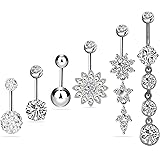 SCANHGU 6 PCS 14G 316L Surgical Steel Belly Button Rings with Dangle Cubic Zirconia Curved Body Piercing Jewelry White Gold Plated Barbells for Women Girls