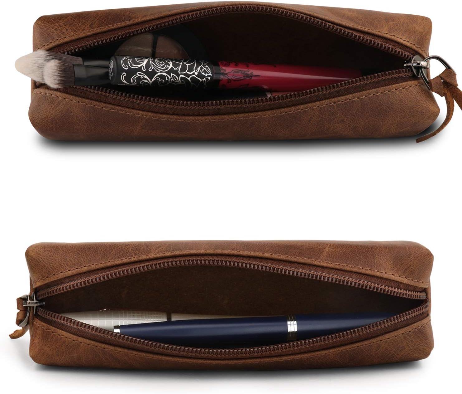 LONDO Genuine Leather Zipper Pen, Pencil & Cosmetic Case - Pouch Stationery Bag, Brown - Image 4