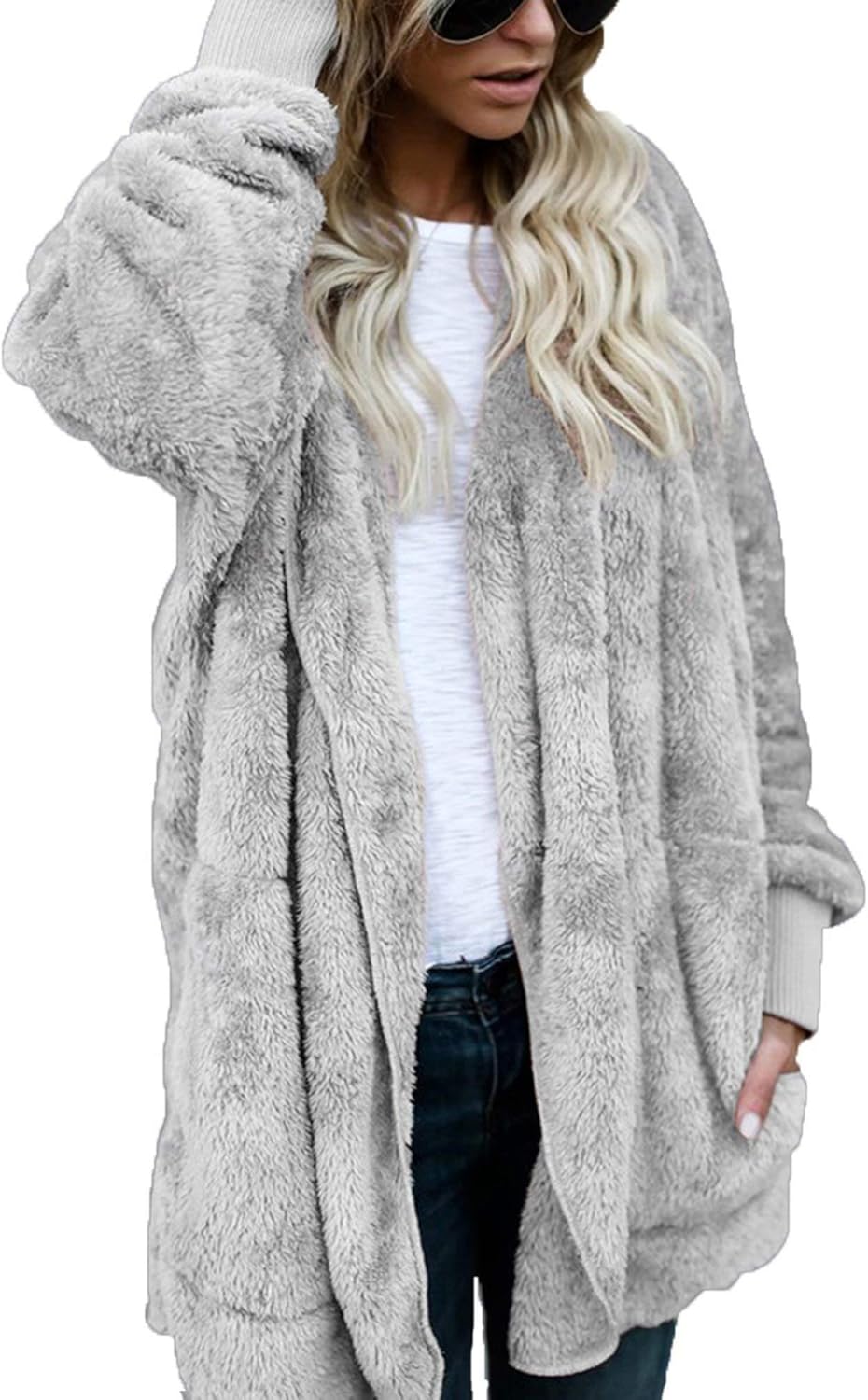 ThusFar Women Fuzzy Fleece Jacket Open Front Hooded Cardigan Coat Outwear Pockets at  Women’s Clothing store