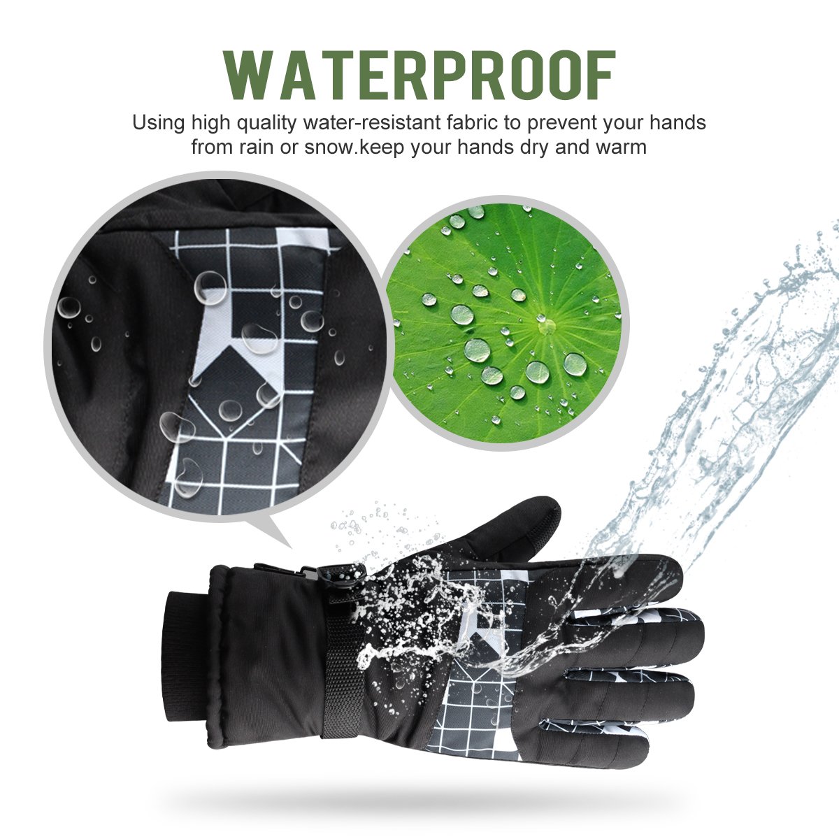 Ski Gloves for Man and Women Waterproof Windproof Snow Skiing Snowboarding Snowmobile Gloves with Non-slip and wear-resistant for Winter outdoors (M, black&plaid)