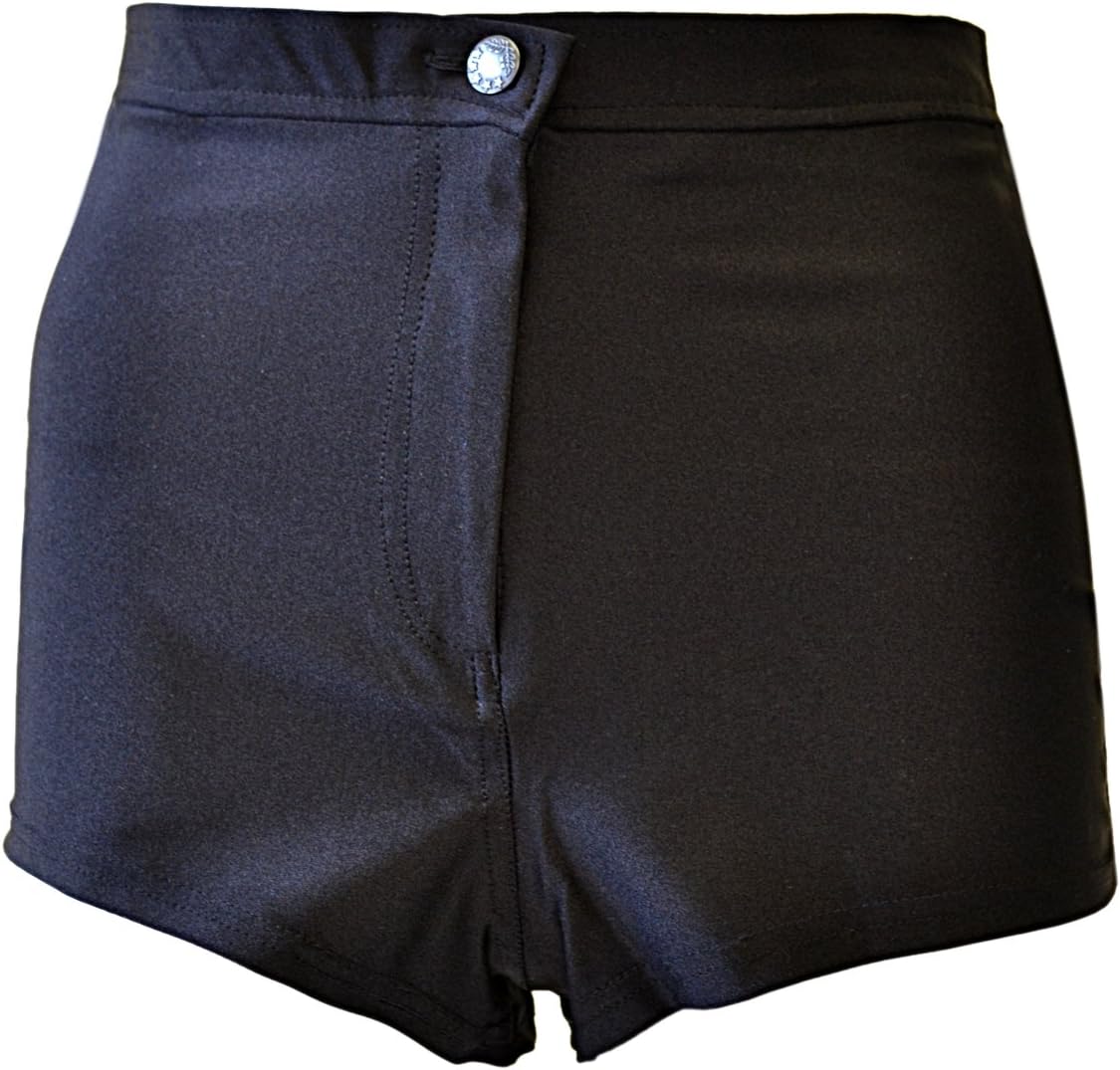 Womens Ladies Wet Look Shiny High Waisted Button Pants Disco Shorts Short Hotpants Hot Pant Black Navy Royal Blue Red Cerise UK Size 6 8 10 12 14 (10, Black)