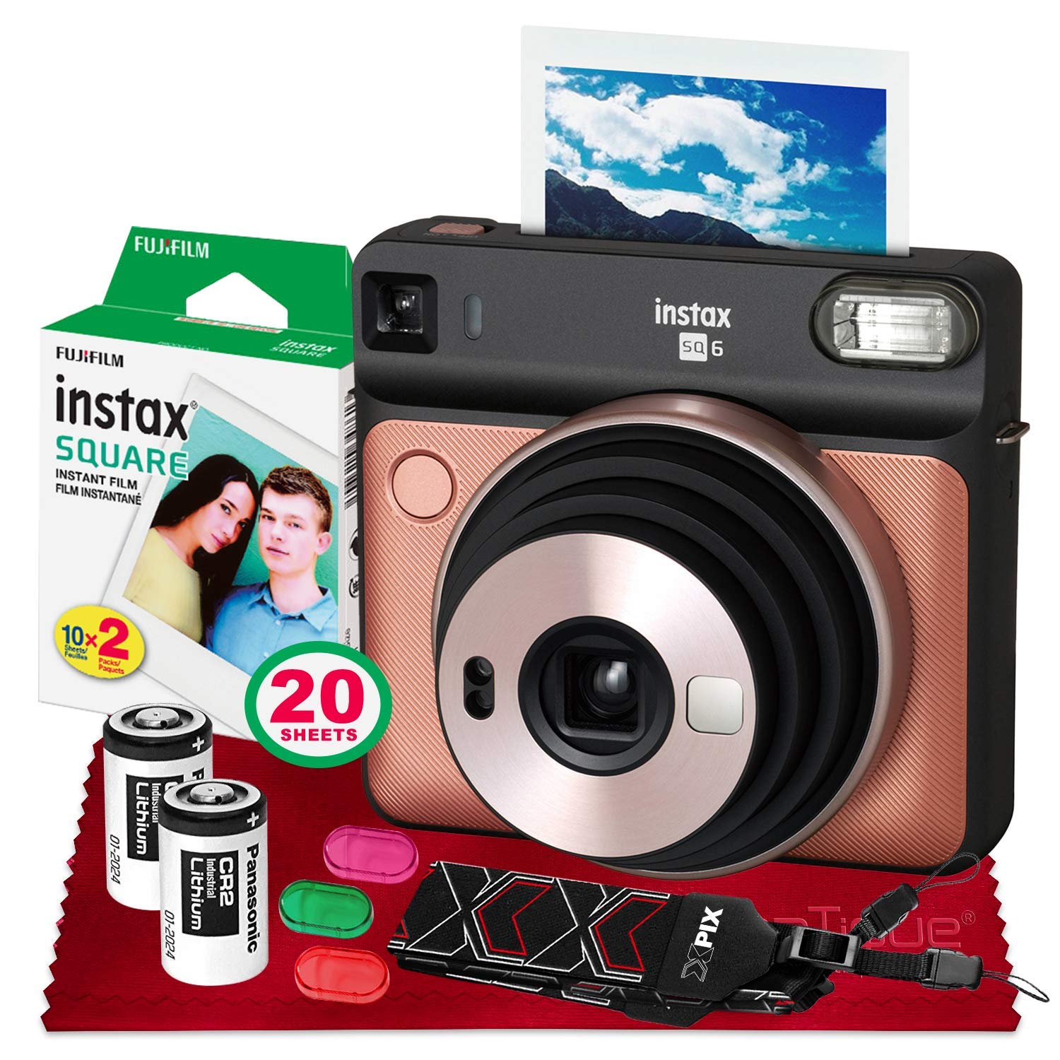Fujifilm instax Square SQ6 Instant Film Camera (Blush Gold) + 20 Sheets Instant Square Film + Xpix Camera Strap + Fibertique Cloth