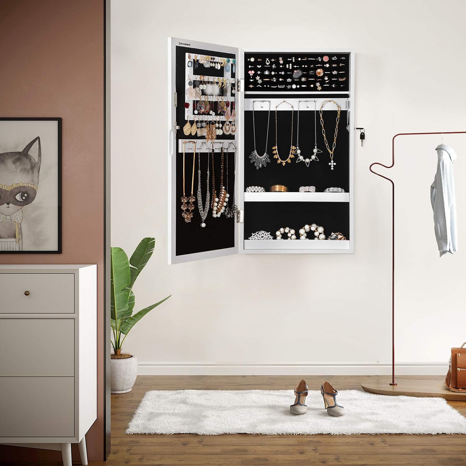 SONGMICS White Mirrored Lockable Jewellery Cabinet, Wall Mount Jewellery Organiser, Gift Idea JBC51W, White + Black, 29 x 59 cm (D x H) - Image 3
