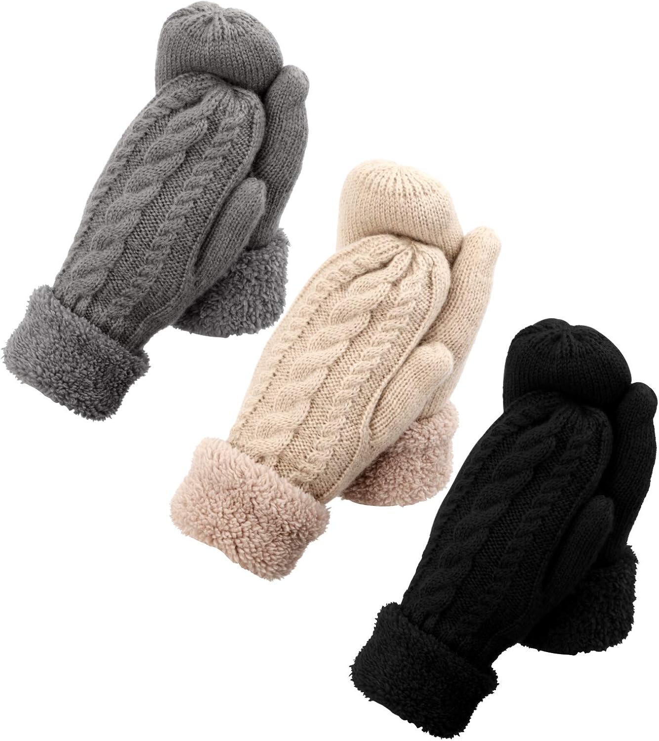 3 Pairs Winter Wool Mitten Gloves For Women,Wool Knit Thick Gloves With Thick Fleece Lining Gift: Clothing