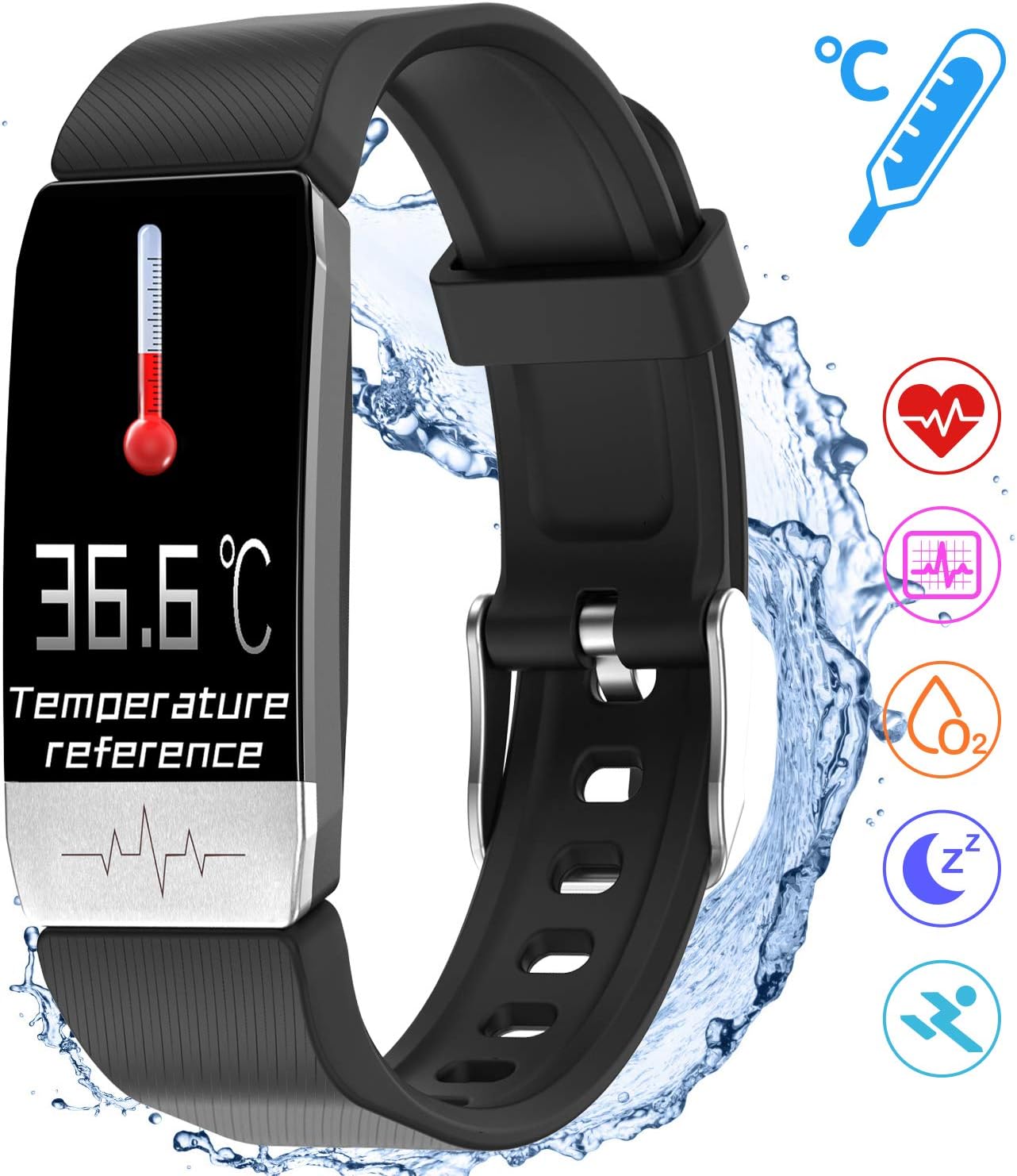WEISIJI Fitness Wristband, Smartwatch Waterproof IP68 Fitness Bracelet with Heart Rate Monitor 1.14 Inch Colour Screen Activity Tracker Temperature Measurement for Women Men Children