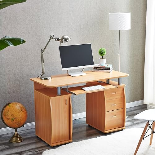 RayGar Beech Deluxe Design Computer Desk With and 3 Drawers For