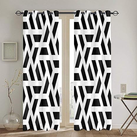 Amazon カーテン 遮光 断熱 防寒 防音 幅132cm丈1cm 2枚組 パンチ 六角形の半分の幾何学模様 モダンでスタイリッシュな黒と白の テクスチャ おせち オーナメント 昼夜目隠し 高級感のある生地 リビングルーム カーテン オンライン通販