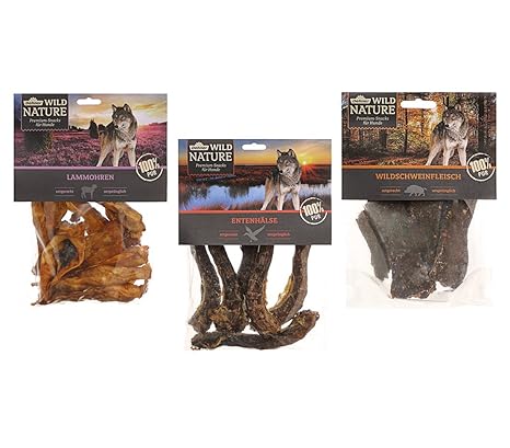 Dehner Wild Nature Hundesnack, 3 Sorten-Mix, Entenhälse, Lammohren und Wildfleisch, naturbelassen, 500 g