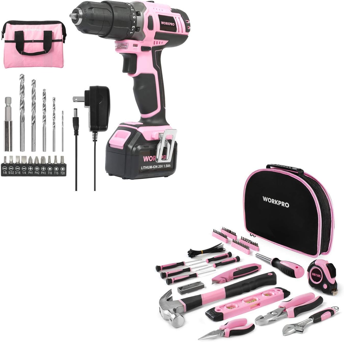 WORKPRO Pink Cordless 20V Lithiumion Drill Driver Set with Storage Bag and 103