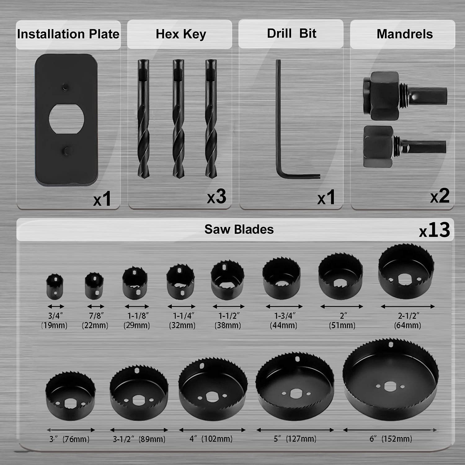 KATA Hole Saw Set 20PCS Hole Saw Kit with 3/4"-6"(19-152mm) 13PCS Saw Blades, 2 Mandrels, 3 Drill Bits, 1 Installation Plate, 1 Hex Key, Ideal for Soft Wood, Plywood, Drywall, PVC: Industrial & Scientific