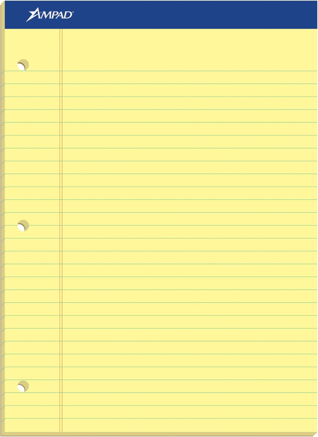 Ampad Writing Pads, 8.5 x 11.75, 2 hole drilled, Wide Ruled, Canary, 50 Sheets (TOP20-221)
