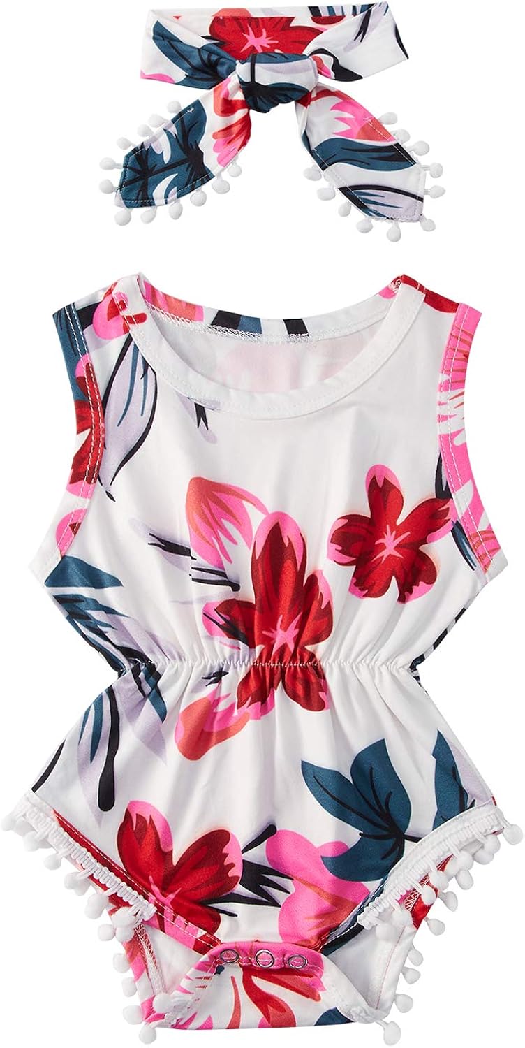 Ahegao Baby Girls Floral Jumpsuit Infant Romper Toddler Playsuits + Headband Outfits for 0-24 Months