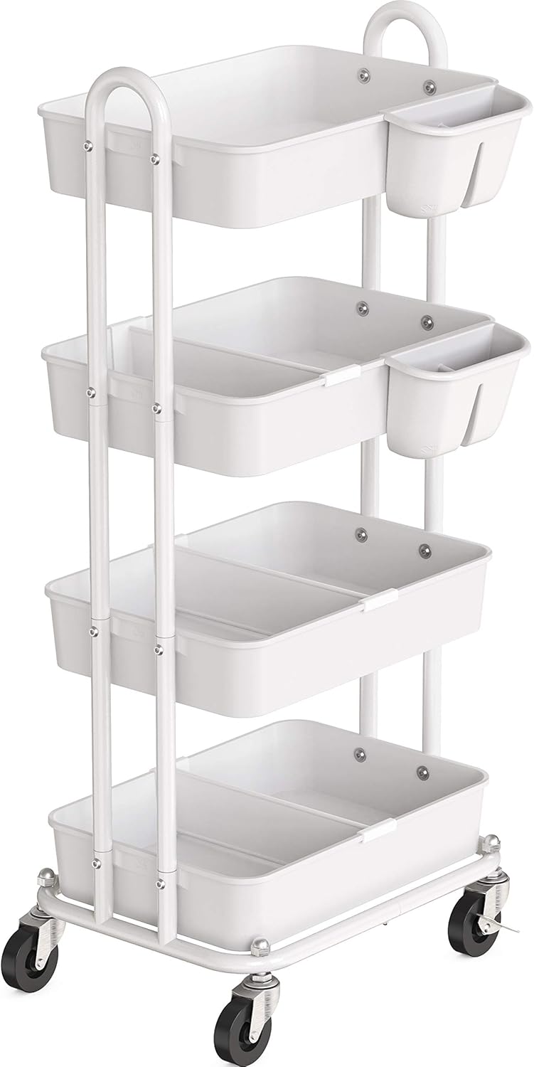 SimpleHouseware Heavy Duty 4-Tier Utility Rolling Cart, White : Office Products